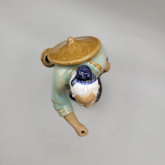 Chinese Mud Man With Basket Figurine On Rock Base Incomplete - Picture 6 of 9